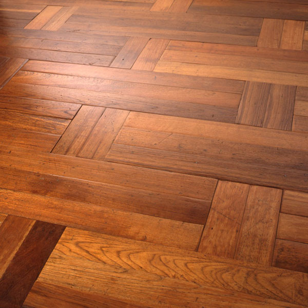 Reclaimed Burmese teak tongue and groove strip, cut to bespoke design and laid in Flemish stretcher bond pattern
