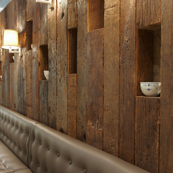 reclaimed antique barrel oak wall cladding, 12mm overlay to reduce weight, hand sanded and machine brushed to show characterful surface