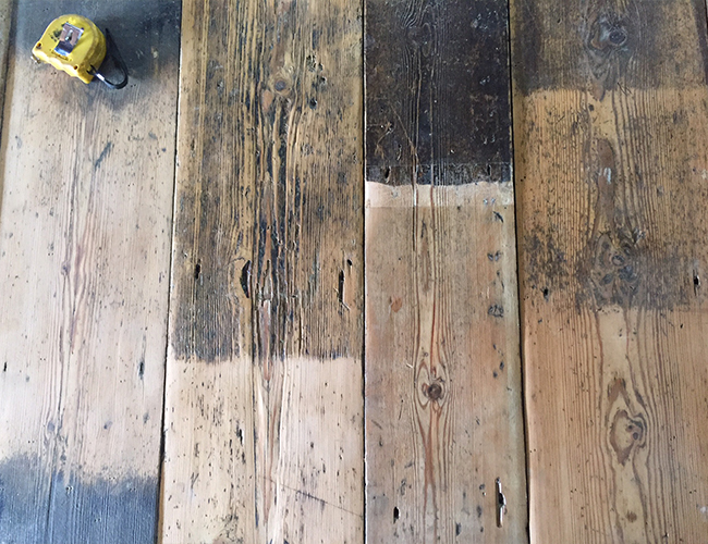 Reclaimed floorboards are hand DA sanded to clean and repair without losing any texture or patina